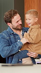 Dad, dancing and boy for smile in kitchen, love and bonding with care with connection in house. Happy people, father and child with rhythm, laugh and tickle with fun, play or excited at family home