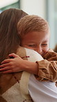 Love, mother or boy in house with hug, childcare or bonding together for child growth. Smile, kid or family in home with embrace, healthy relationship or parent connection for childhood development.