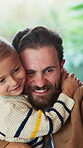 Love, father or boy in house with hug, childcare or bonding together for child growth. Smile, kid or family in home with embrace, healthy relationship or parent connection for childhood development.
