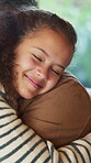Love, father or kid in house with hug, childcare or bonding together for child growth. Smile, girl or family in home with embrace, healthy relationship or parent connection for childhood development.