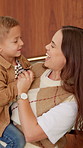 Happy, mom or kid in house with dancing, feeling beat or family fun for childhood development. Connection, mother or boy in home with rhythm, bonding together or child growth in healthy relationship.