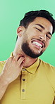 Face, man and scratching neck in studio with rash, skin irritation and allergic reaction. Portrait, male person and itchy for psoriasis, dermatitis inflammation and chronic eczema on green background