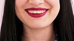 Mouth, lipstick and smile in studio with dentistry, wellness and natural glow with cosmetics. Person, lips and happy with confidence, teeth and pride with oral hygiene, self care and dental health
