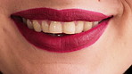 Mouth, lipstick and smile in closeup with dentistry, wellness and natural glow with cosmetics. Woman, lips and happy with confidence, teeth and beauty with oral hygiene, self care and dental health