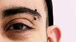 Optometry, face or man with vision in closeup for optical assessment, glaucoma test or health. Piercing, eyecare or person with eye examination for cornea disease, ocular pressure or sight correction