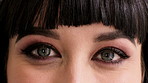Eyes, makeup and face of woman for beauty, cosmetics and makeover aesthetic with mascara. Cosmetology, portrait and closeup of person with eyeshadow, eyeliner and products for change, glow and shine