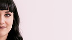 Space, happy and face of woman in studio for confidence, positivity and college advertising. Mockup, half and portrait of person for university news, education and student on white background 