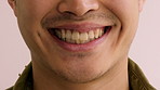 Smile, dental and mouth of man in studio for teeth whitening, cleaning and oral hygiene for wellness. Happy, face and person with expression for treatment, health and dentist care on background