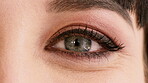 Health, eye and woman with optometry in closeup for eyesight test, ocular cosmetics or wellness. Makeup, eyecare and face of person with glaucoma exam, contact lenses and prescription for cataracts
