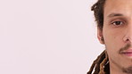Space, half and face of man in studio for confidence, positivity and college advertising. Mockup, student and portrait of person for university news, education and announcement on white background 