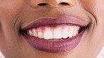 Dental, smile and mouth of woman in studio for teeth whitening, veneers results and cleaning. Healthcare, happy and closeup of person with fresh breath for oral hygiene, dentist care and wellness