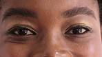 Eyes, optometry and face of black woman with vision, eyesight or optical health for glaucoma test. Ophthalmology, smile and portrait of female person with eyecare, retina or laser treatment results.