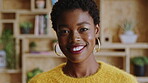 Face, relax and woman with smile in home for weekend break, peaceful morning and me time. Unwind, black girl and happy in house with wellness, positive attitude and comfortable afternoon on day off