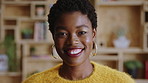 Face, business and creative black woman at work, about us and fashion magazine editor with pride. Portrait, happy professional and worker with job opportunity, career growth or style writer in office