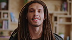 Face, man and remote work with smile at house for career pride, about us and journalist. Portrait, male person and freelancer with ambition, internship and positive attitude for editor opportunity
