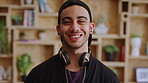 Happy man, face or student with headphones for creative career for internship or learning program. Portrait, male person or designer with smile for job opportunity, development or growth in college