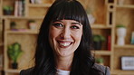 Face, business and woman with smile in office for career pride, about us and journalist. Portrait, female person and happy employee with ambition, positive attitude and news reporter at media agency