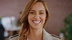 Face, confident or woman with smile in creative agency, digital marketing job or campaign management. Portrait, ads development or person with ambition for brand awareness project, happy or about us
