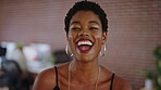 Happy, face and black woman in office with laughing, excited and creative for marketing startup. Confident, portrait and marketer or person in workplace for new career, opportunity and job growth