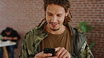 Phone, scroll and happy man in college for online, internet or communication with about us information. Typing, search and student person for learning results, update or check schedule on campus app