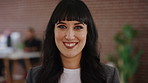 Face, creative or woman with smile in office, digital marketing or confidence for campaign management. Portrait, ads development or person with ambition for brand awareness project, happy or about us