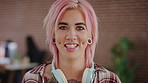 Happy girl, student and face with headphones in school cafeteria for music, creativity or inspiration. Portrait, female person or learner with smile for audio, break or career development in college