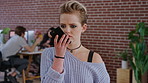 Talking, speaker and woman with mobile in creative agency, marketing internship and project update. Serious, phone or marketer listen to voice note for task feedback, record or campaign idea reminder