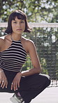 Serious, face and woman with pride for fashion, university student and outdoor with stylish clothes. College, tennis net and person with confidence for streetwear, attitude or cool with trendy outfit