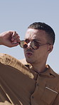 Men, friends and flirt with sunglasses for woman walking in city for outdoor attraction. Male people, admiring or dropping shades with female person for love, desire or staring in an urban town