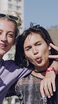 Selfie, face and friends in city for hangout, holiday and trendy fashion for social media post in POV. Streetwear, peace and group of people for profile picture, vlogging or fun for outdoor gathering