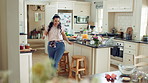 Dance, headphones and woman in kitchen with music for celebration, performance and expression. Dancer, audio and female person with technology for rhythm, entertainment and weekend fun in home