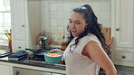 Happy, dance and woman with breakfast in kitchen for good mood, energy or morning routine at home. Excited, singing and person eating in apartment for weekend, holiday and music streaming service