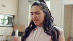 Fruits, singing and happy woman with blender in kitchen for healthy food or morning routine at home. Grapes, apple and person dance with breakfast, smoothie or drink for nutrition, wellness and diet