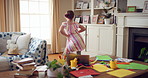Dancing, music and child in home with energy, freedom or practice for performance with radio. Groove, rhythm and girl kid moving to playlist in living room with growth, fun and development in house.