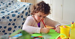 Home, kid and drawing with paper for learning, education and creative activity in living room. Art, writing and girl child with cognitive development, motor skills or imagination for growth and color