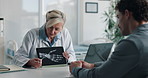 Doctor, patient and x ray in office with tablet screen, discussion or explain diagnosis for hand bone. Healthcare worker, people and talk with tech, radiology scan or medical test results for injury.