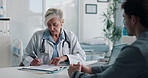 Doctor, writing and clipboard with man in office for checkup, symptoms notes and medical results. Woman, consultation or person with evaluation checklist, patient information and healthcare treatment