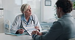 Clinic, man and doctor discussion with paperwork for test results, treatment plan or consent form. Explain, patient or mature expert with clipboard for medical records, follow up instructions or help