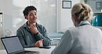 Checkup, doctor and patient with throat pain for advice, consultation or diagnosis. Hospital, communication and professional people with medical question, neck symptoms or health exam in office