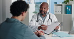 Doctor, patient and discussion in office with clipboard, wellness survey and health insurance form. Healthcare worker, people and conversation with checklist, medical aid info or policy registration.