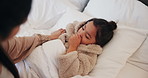 Mother, sick and child with cough in bed for concern, monitor symptoms and viral infection. Worry, woman or comforting kid with cold, respiratory illness and compassion for influenza recovery in home