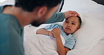 Father, check and child with fever in bed for concern, monitor temperature and viral infection. Worry, man and kid cough with illness, respiratory virus and compassion for influenza recovery at house