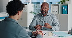 Clinic, talking and doctor with patient for medical advice, visit or healthcare appointment. Discussion, professional and people with wellness consultation, explaining or conversation of diagnosis