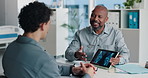 Doctor, patient and x ray with tablet screen, conversation and diagnosis for bone fracture in office. Healthcare worker, people and talk with tech, radiology scan and medical test results for injury.