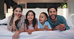 Face, parents and smile with children on bed for peace, calm morning and bonding together. Portrait, people and happiness with kids for love, weekend break and comfortable family in bedroom at house