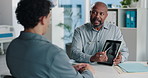 Tablet screen, xray and doctor with man in office at hospital for consultation with treatment plan. Digital technology, discussion and medical worker with male patient for radiology scan in clinic.