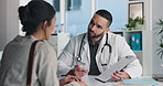 Woman, checkup and doctor with clipboard in office for symptoms, assessment and medical results. Healthcare worker, talking and patient for evaluation checklist, health insurance and treatment report