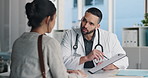 Doctor, patient and talk in office with clipboard, wellness survey or health insurance application form. Healthcare worker, people and discussion with checklist, medical aid and policy registration.