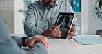 Tablet screen, xray and hands of doctor with man in hospital for treatment plan, healthcare or explaining. Technology, consultation and medical worker with male patient for radiology scan in clinic.
