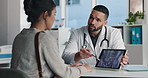 Doctor, patient and x ray with tablet screen, consultation or diagnosis for bone fracture in office. Healthcare worker, people and talk with tech, radiology scan or medical advice for injury recovery